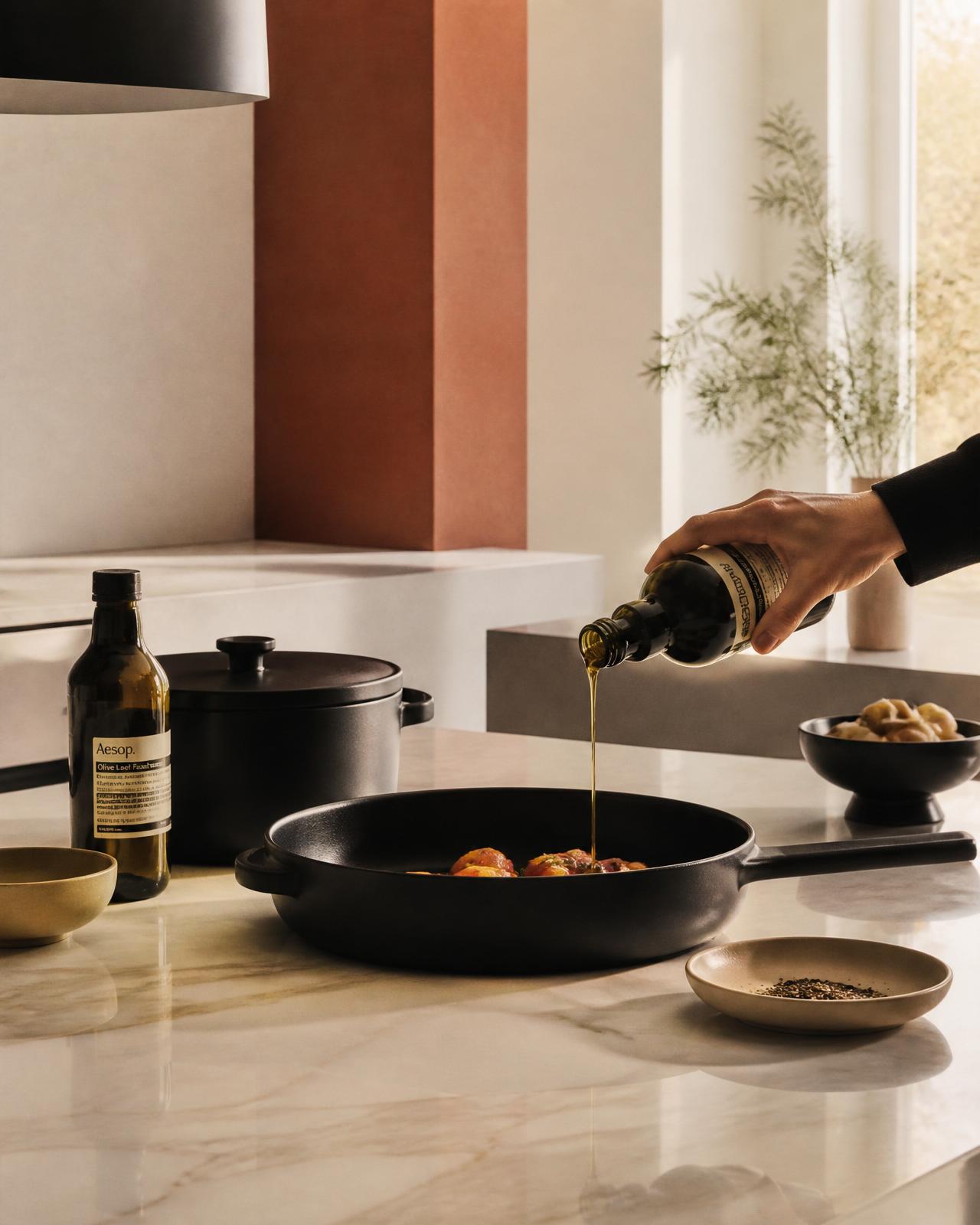 Modern kitchen scene with matte black cookware on a marble counter